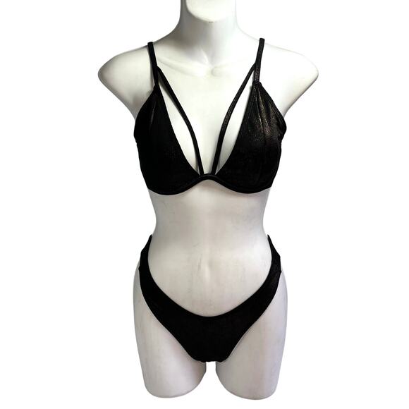 EXPRESS Small Ribbed Bikini Bronze Metallic Shiny Black Copper Underwire‎ Cheeky - Picture 1 of 9